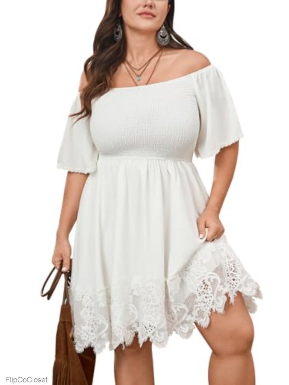 Plus Size Off Shoulder Mini Dress Smocked Boho Flowy Lace Trim Short Sleeve